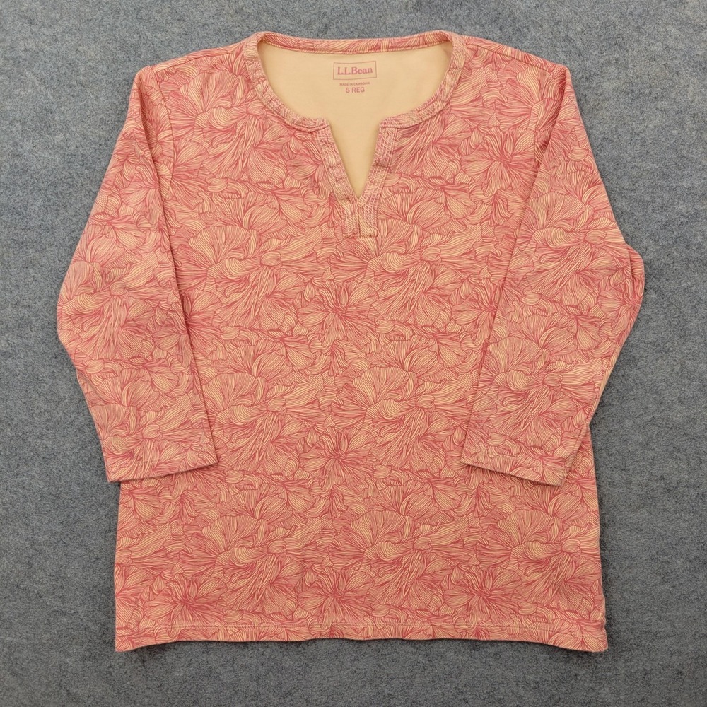 L.L. Bean Shirt Womens Small Pink Floral 3/4 Sleeve Scoop Neck Tunic Top